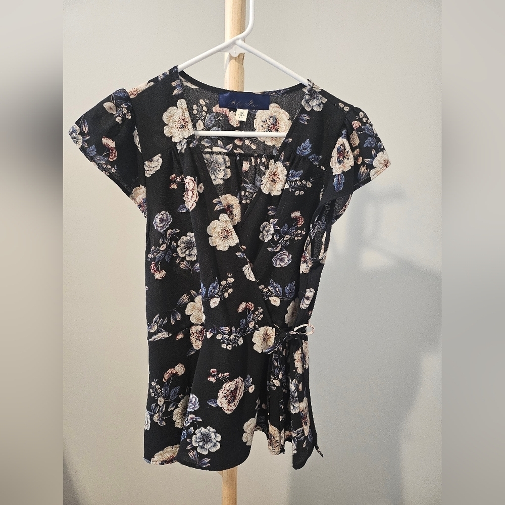 Blue Rain Black Floral Wrap Top, Med